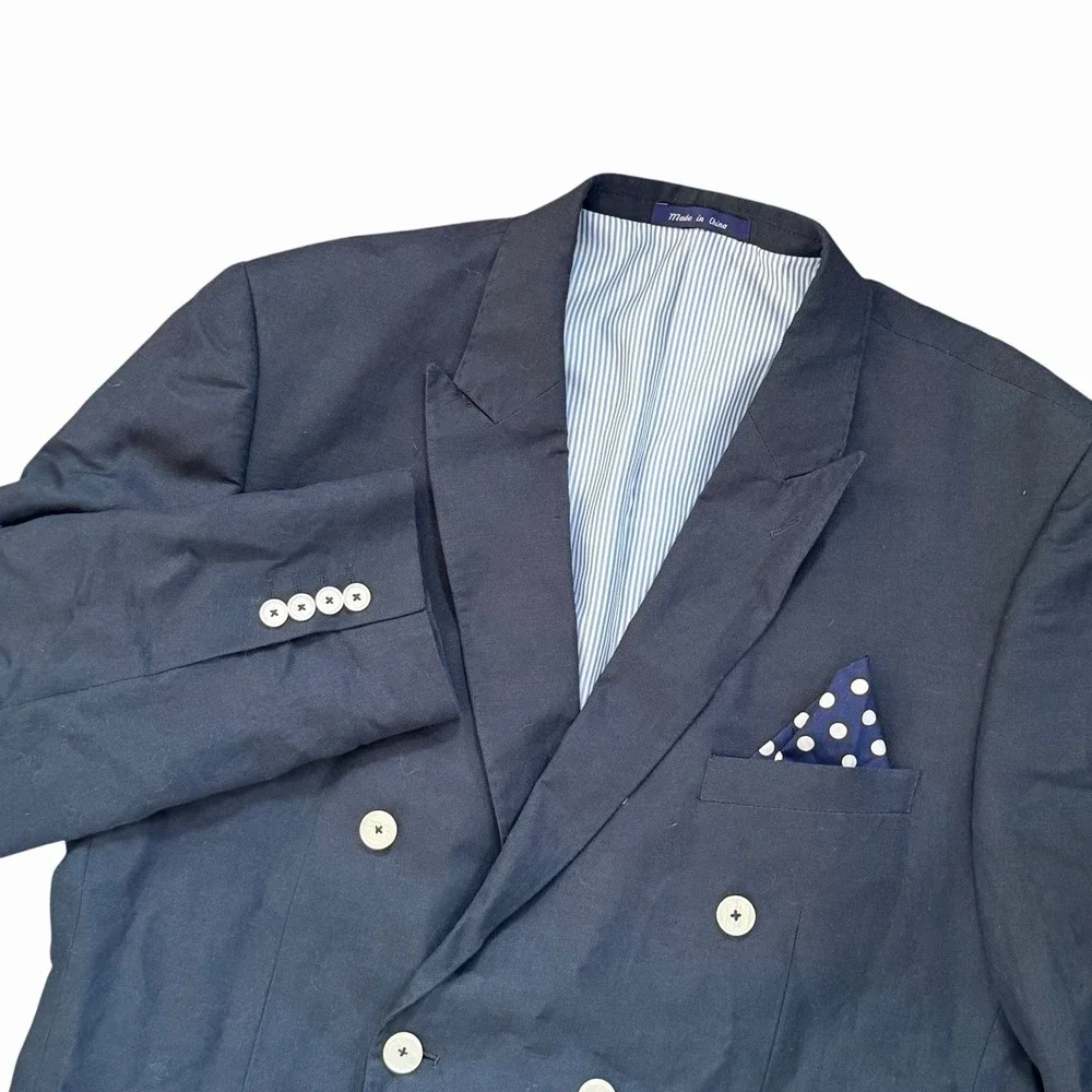Alan Flusser Mens Navy Linen Blend Double Breasted Blazer Sport Coat 44R Classic